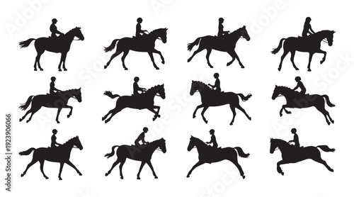 Silhouettes of people riding horses in various poses, vector illustration
