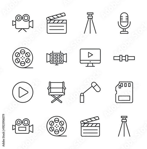 Collection of film and video production icons in a clean, modern line art style