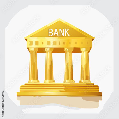 Golden bank building with columns and triangular roof.