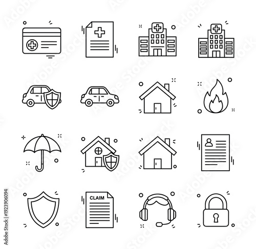 Collection of insurance icons representing various types of coverage and protection