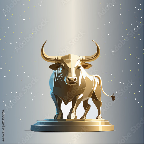 Golden bull statue standing on a pedestal with a spotlight shining down.