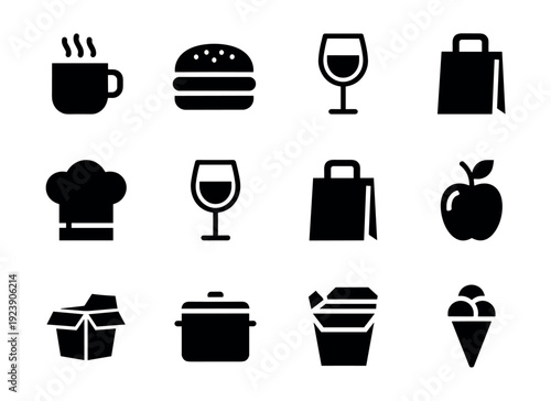 Collection of simple black icons representing food, drinks, and shopping bags