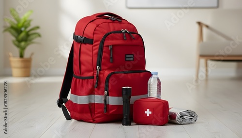 A durable red emergency backpack filled with essential survival items and a first aid kit for earthquake preparedness concept