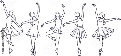 Ballerina dancers line art collection, ballet poses vector illustration isolated elegant female dance outline on white background
