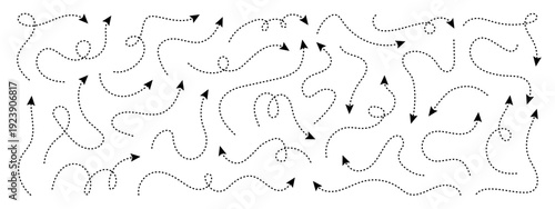 Set of squiggle dash line arrows. Dashed line curved vector arrows icons