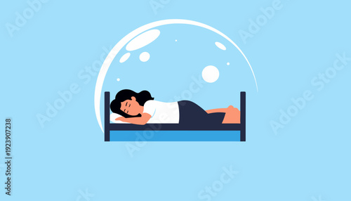 Person sleeping on bed in a serene flat design illustration of a peaceful bedroom scene from a side viewpoint