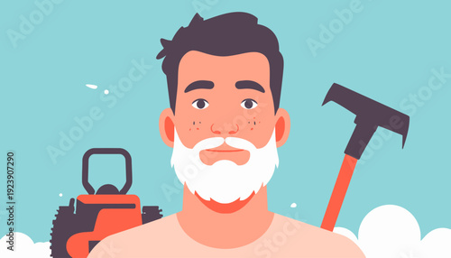 A flat design illustration of a bearded man with a chainsaw and axe in a serene landscape