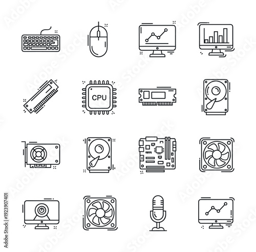 Collection of computer hardware icons and components for technology and data analysis