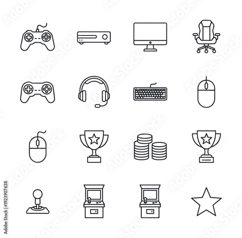 Collection of gaming icons including controllers, consoles, and accessories
