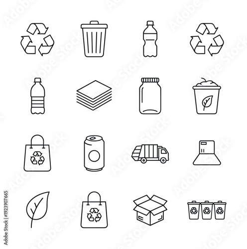 Collection of line art icons representing recycling and waste management concepts