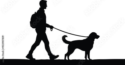 Black vector silhouette of a man with a backpack walking his dog on a leash for pet care services animal exercise and lifestyle branding, cad drawing flat vector illustration
