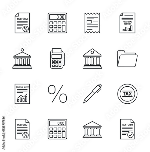 Collection of financial and business icons for accounting and tax preparation