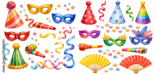 A charming watercolor collection of carnival party clipart, including colorful masks, cone hats, streamers, confetti, paper fans, and party blowers.