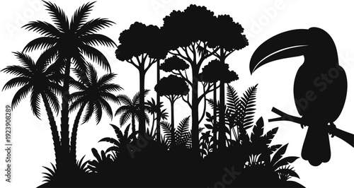Tropical jungle silhouette vector, rainforest trees and toucan bird, exotic forest nature landscape isolated illustration design template pack