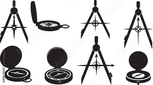 Set of black compass and tripod silhouettes on white