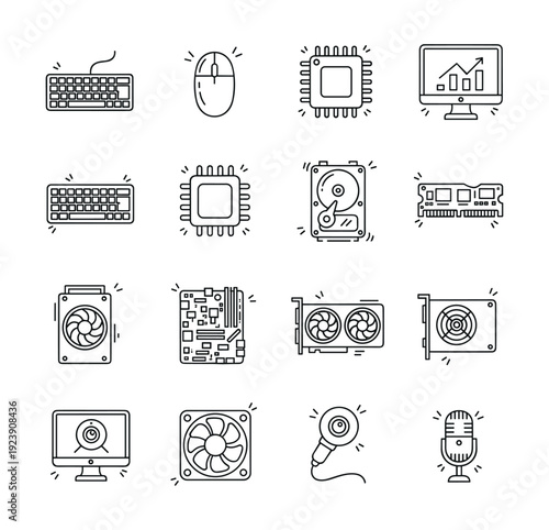 Collection of computer hardware icons in a clean, modern line art style