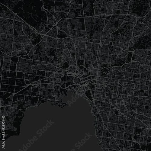 Melbourne City Map Refined Geometric Blueprint Showcasing Intricate Urban Network Layout, Perfect for Minimalist Home Gallery and Sleek Scandinavian Aesthetics, emphasizing refined linework.