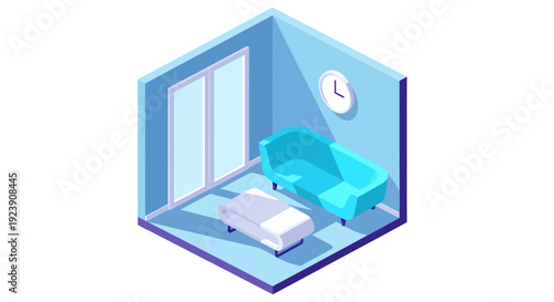 An isometric view of a serene blue room features a bright cyan sofa, a curved white coffee table, and a modern wall clock bathed in angular sunlight streaming through large, sliding glass patio doors