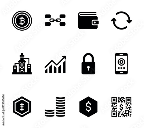 Collection of cryptocurrency and finance icons including Bitcoin, blockchain, wallet, and QR code