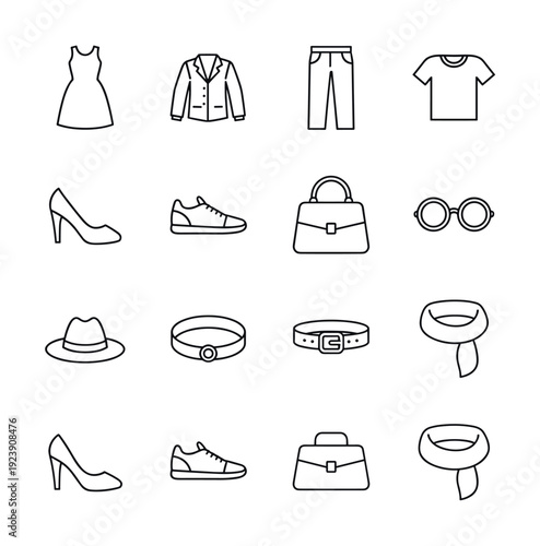 Collection of fashion clothing and accessories icons in a simple line art style
