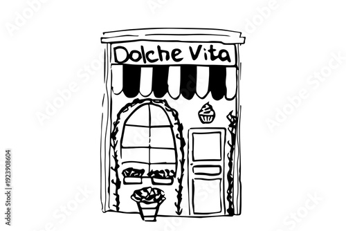 Sketch of Cafe Coffee shop small building, whimsical hand drawn line art vector Illustration, italian or french culture.