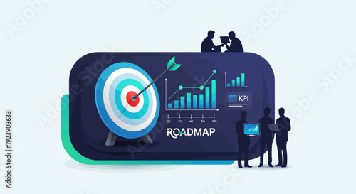 Business team strategizing around a digital roadmap with charts and a target for success.