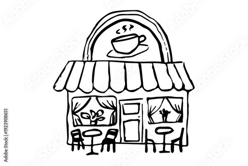 Street European Cafe, small cozy cafe with outdoor seating hand-drawn vector illustration, Sketch, Monochrome, Retro vintage print