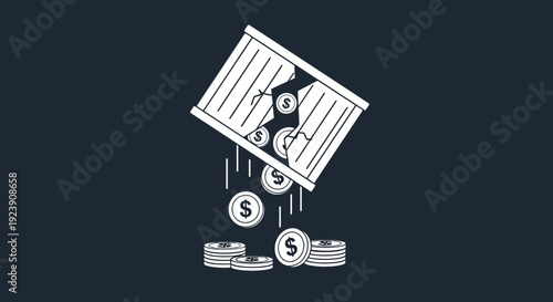 Broken piggy bank with coins spilling out, symbolizing financial loss or debt.