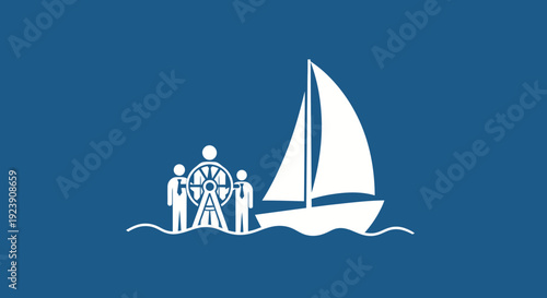 Modern graphic design of a sailboat and people by a Ferris wheel on blue background