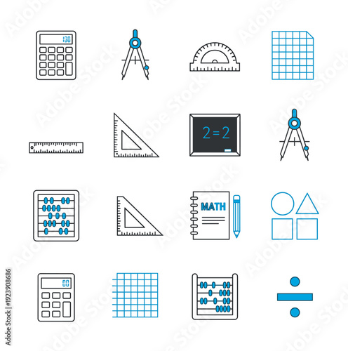 Collection of flat design icons representing various math and geometry tools for education