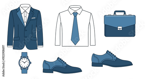 Classic business attire ensemble featuring a suit, shirt, tie, shoes, briefcase, and watch