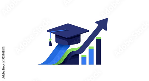 Academic growth visualized with a rising arrow and graduation cap against a backdrop of progress bars.