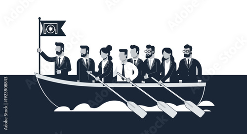 Diverse team rowing together in unison towards a shared goal, led by a determined captain.