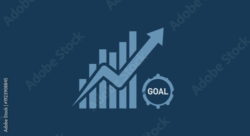 Bar chart with upward arrow and 'goal' gear symbolizing business growth and achievement