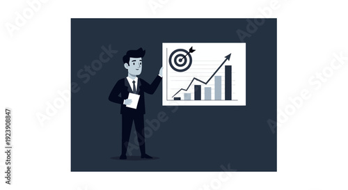 Businessman presenting growth chart and target on a dark background, professional and focused.