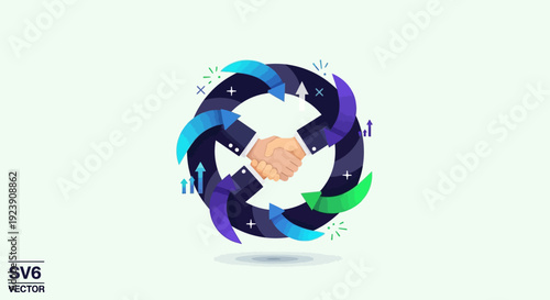Diverse hands shaking in agreement forming a collaborative circular flow of progress and teamwork.