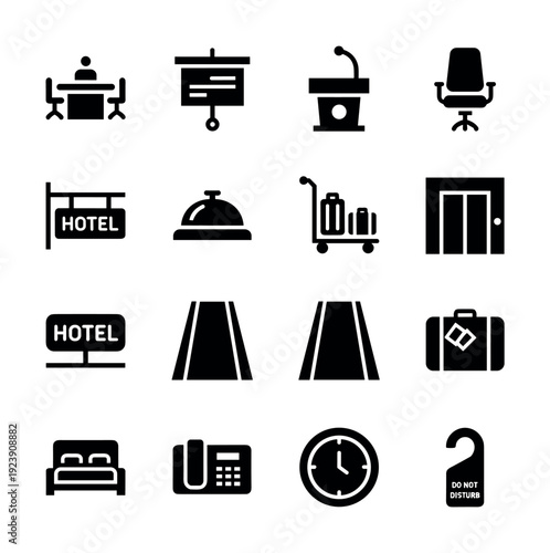 Collection of hotel service and amenities icons for hospitality industry