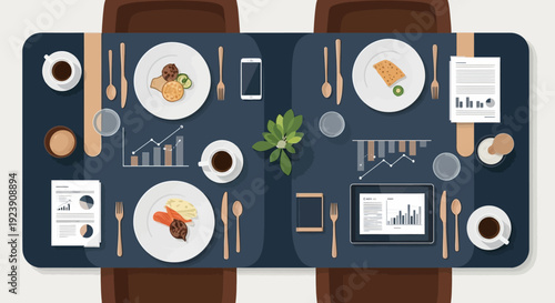 Business meeting over lunch with food, coffee, and charts on table