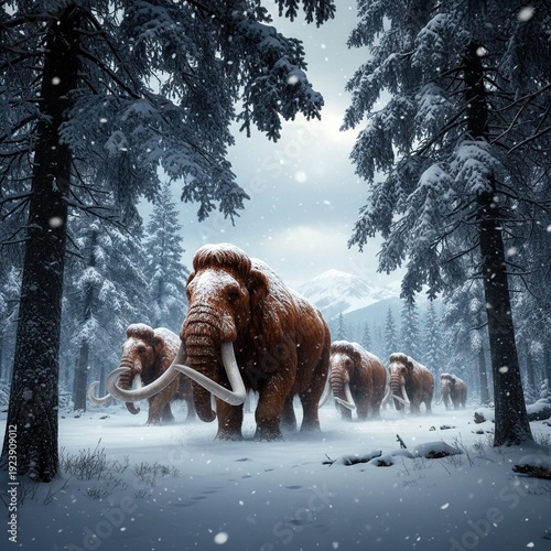 Herd of mammoths walks through the snow and dense forest in winter