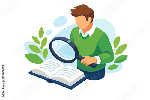 Man Inspecting Open Book With Magnifying Glass.