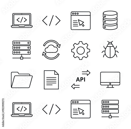 Collection of technology and programming icons representing software development and IT infrastructure
