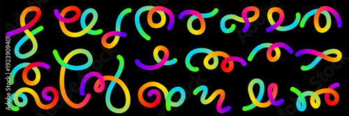 Gradient Line Shapes in dynamic wave pattern and twisted ribbon flow with multi colored vitality mood. Vector illustration for carnival celebration poster, abstract art design and smooth backgrounds