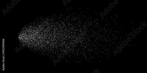 Spray splatter texture background. White droplets spreading outward into dispersed dots on black backdrop. Dynamic dispersion effect of aerosol flow. Minimal vector illustration with monochrome style.
