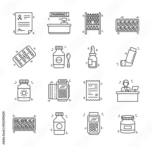 Collection of pharmacy and medical icons in a clean, modern line art style