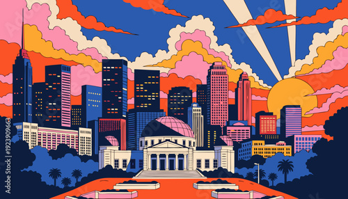 Very beautiful Griffith Observatory and Los Angeles skyline at sunset presenting a harmonious blend of historic architecture and glowing metropolitan lights beneath a colorful California sky.
