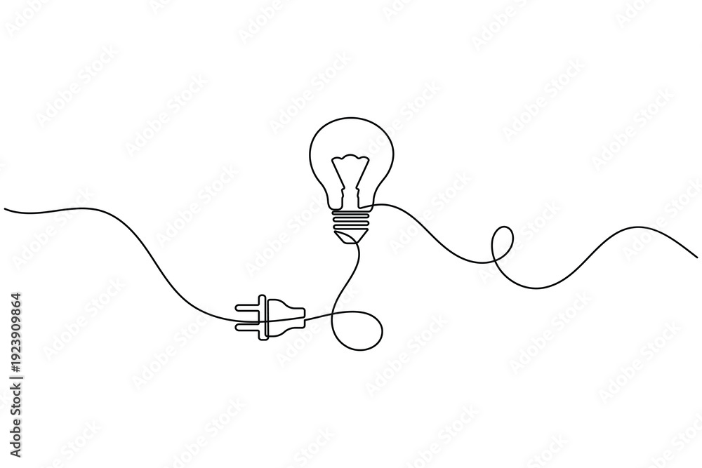 Obraz premium Lightbulb and electric plug continuous one line art vector icon for energy concept