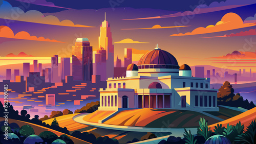 Very beautiful Griffith Observatory and Los Angeles skyline at sunset presenting a harmonious blend of historic architecture and glowing metropolitan lights beneath a colorful California sky.
