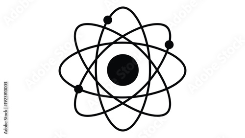Scientific atom model with electrons and nucleus showing molecular structure in minimalist black line