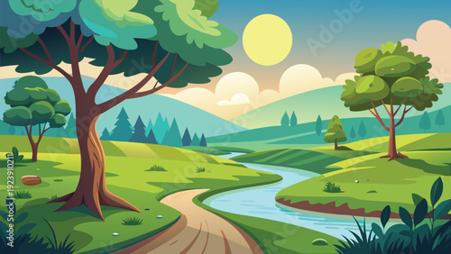 A vibrant landscape featuring lush green trees a winding river and a bright yellow sun