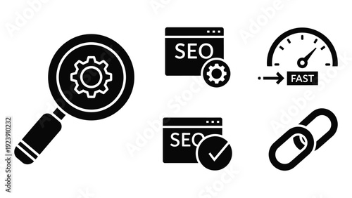 Search engine optimization settings concept vector illustration black and white silhouette icons